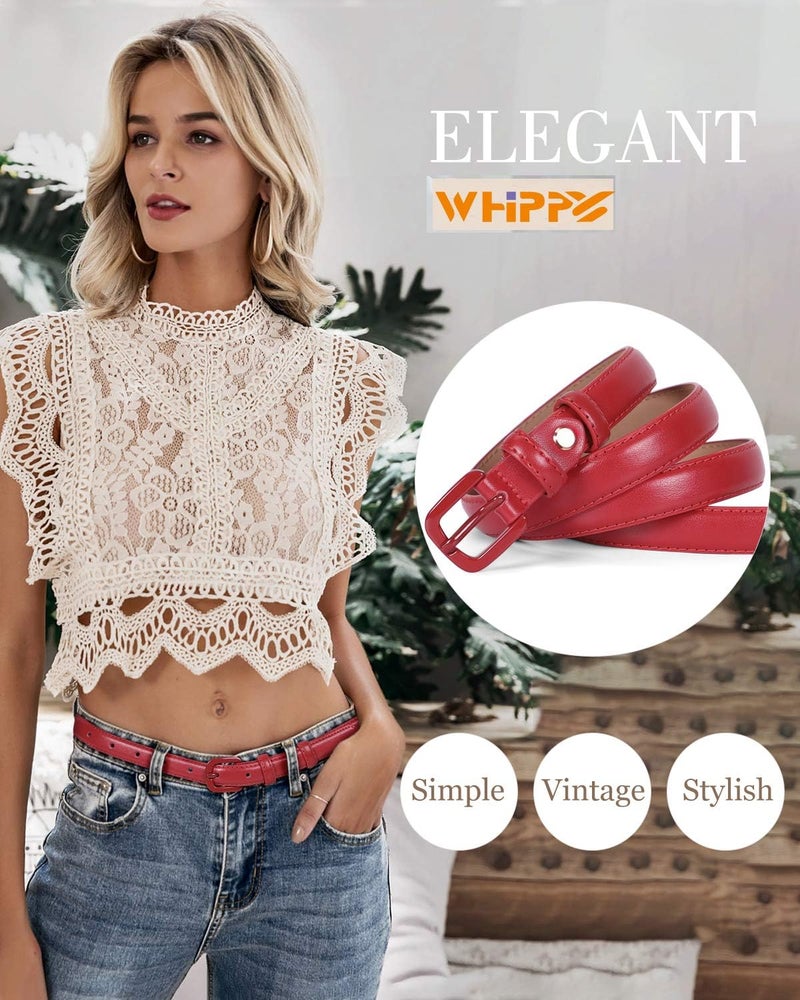 WHIPPY Women Skinny Leather Belt Thin Waist Jeans Belt for Pants in Pin Buckle Belt, Red, Pants Size 24-29 inches - Image 4